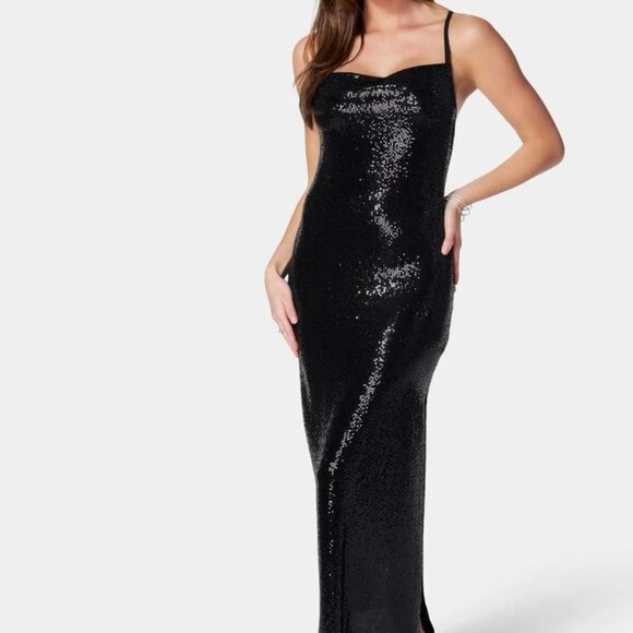 New with Tags Bebe Cowl Neck Shimmer Maxi Dress sz large - Picture 4 of 4